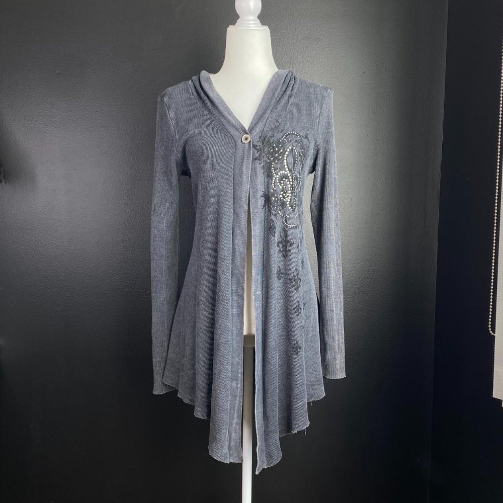 Y2K Cyber Grunge Waffle Knit Rhinestone Duster Cardigan